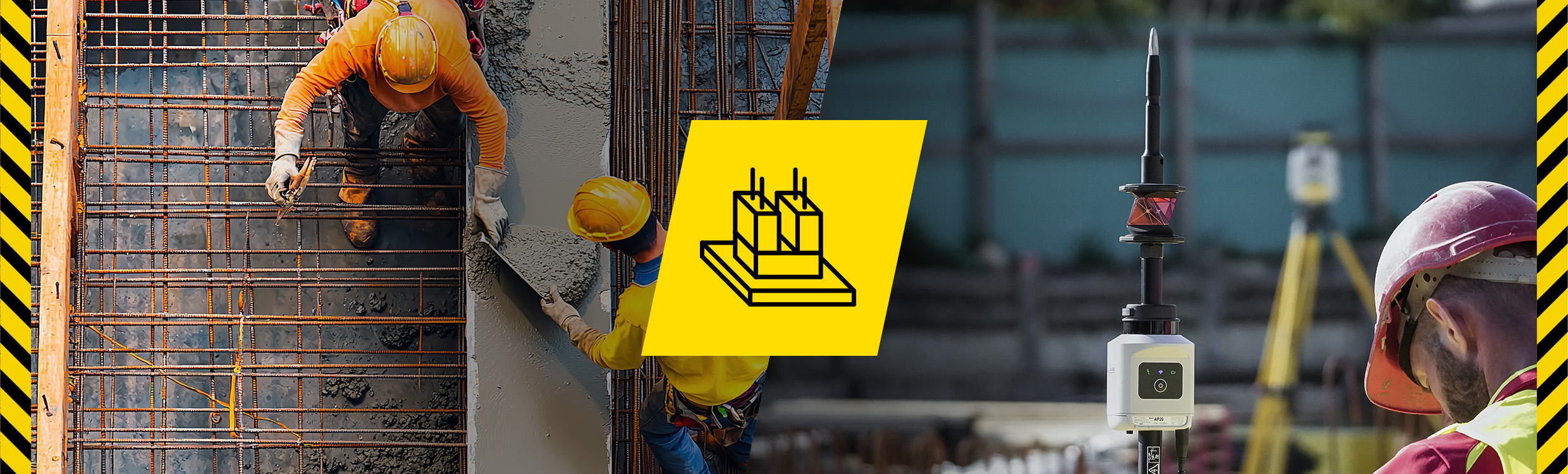 Leica iCON build for structures, showing construction workers laying out points on a construction site with the Leica AP20 Autopole.